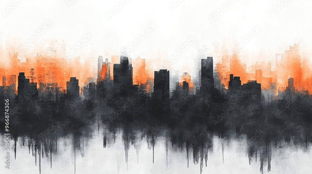 Poster abstract cityscape painting with orange and black watercolor