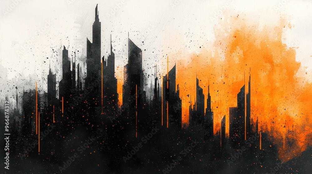 Poster abstract cityscape silhouette with orange watercolor background