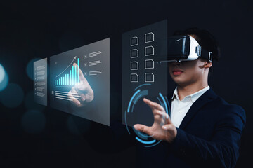Businessman using VR virtual reality augment headset gear for analyzing future company's financial revenue, information computer system calculation storage data technology, document sharing transfer.