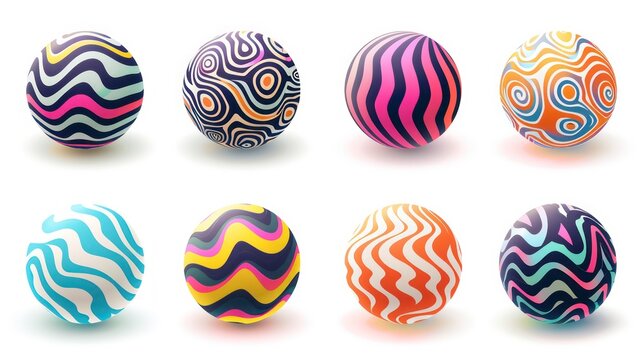 Set of 8 colorful abstract spheres with striped and wavy patterns, isolated on white background.