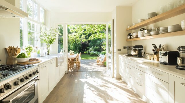 Fototapeta Modern Kitchen Interior with Garden View and White Cabinets