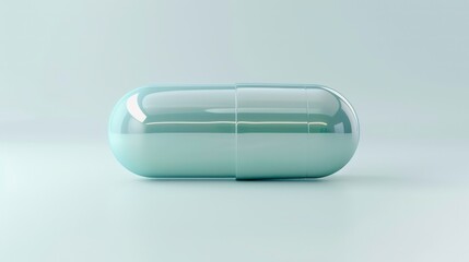 A single, light blue capsule pill lies on a light blue surface.