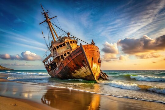 Shipwrecked ship sinking after running aground