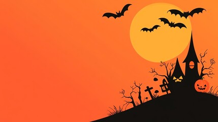 A spooky Halloween scene featuring a silhouetted castle, bats in front of a bright orange moon, and eerie grave markers.