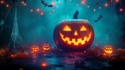 Fototapeta premium A spooky Halloween scene featuring glowing pumpkins, bats, and eerie decorations, perfect for festive celebrations.