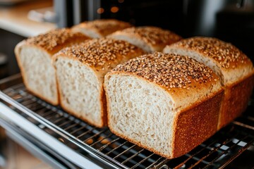 Freshly Baked Bread Loaves with Sesame Seeds on a Cooling Rack