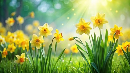 Silhouette abstract background of blooming summer garden with daffodils and green grass