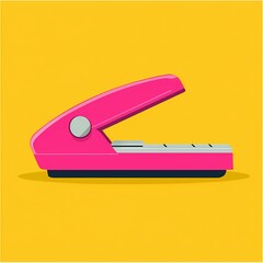 A vibrant pink stapler against a bright yellow background.