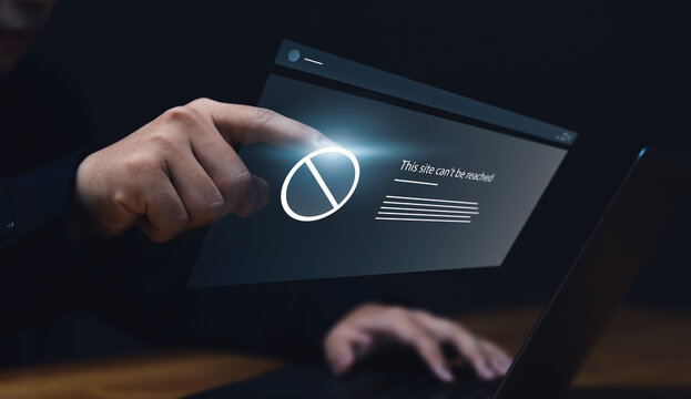 Blocked from accessing Online internet web page of websites security, Internet Caution and warning on risks and threats that can harm your business data and information on laptop.