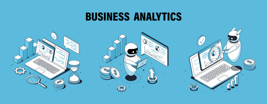 Isometric business bots posters set. Virtual helper with graphs and laptop. Artificial intelligence and machine learning. Landing webpage design. Linear vector collection