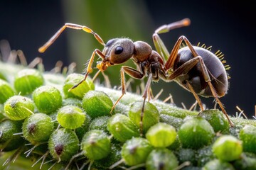Silhouette ant collecting honey dew secretion from aphids abdomen, symbiotic relationship