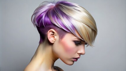Naklejka premium A dazzling blend of purple and blonde hues crowns her head, paired with an edgy undercut and asymmetrical