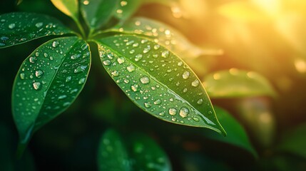 Fototapeta premium Dew-Covered Green Leaves in Sunlight