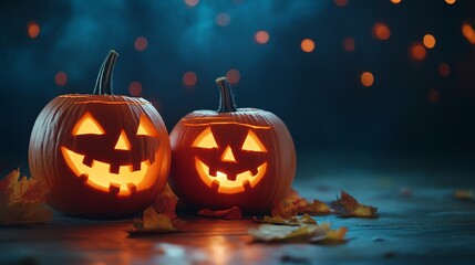 Fototapeta premium Halloween pumpkins glow warmly, surrounded by autumn leaves and a mystical blue ambiance, perfect for celebrating spooky festivities.