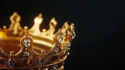Fototapeta premium Closeup of a golden king's crown displaying intricate details and sparkling jewels, set against a dark, plain background that emphasizes its royal aesthetic