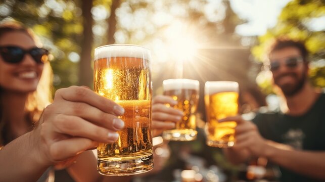 A group of friends celebrates at a summer barbeque, raising their cold beer glasses together in a joyful toast against a sunlit backdrop