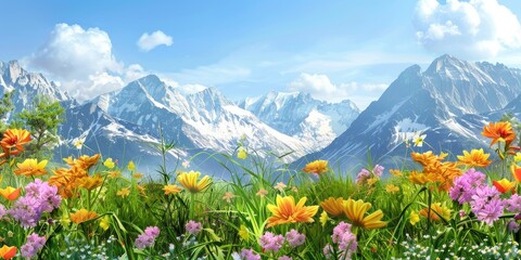 Beautiful spring flowers in full bloom with towering mountain range in the background