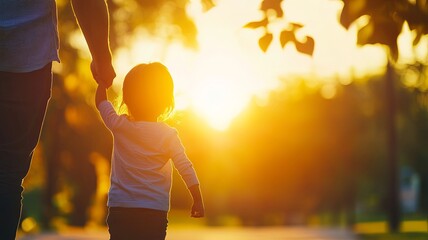 Happy family, kid, go towards sun, holding hands in city park at sunset. Childhood future, family game. Family, dad little daughter play together, child holding father hand. Parents, kid sun nature 