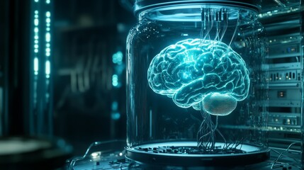 A detailed closeup showcases a glowing AI-generated brain encased in a glass jar, connected by intricate wires and circuits in a modern technological environment