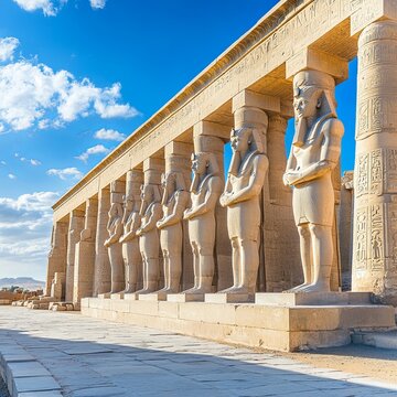 View of the Ramesses statues at the entrance to the Ramesseum, the Mortuary Temple of Pharoah Ramesses II the Great on a bright afternoon with blue skies at Luxor, Egypt