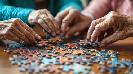 In a cozy environment, seniors of diverse backgrounds focus intently on solving a large puzzle, highlighting their teamwork and shared enjoyment of the activity