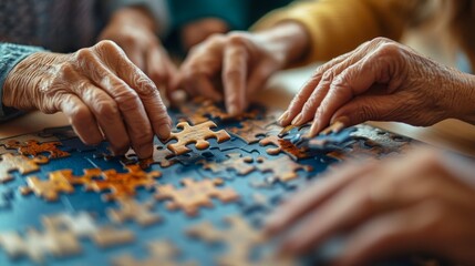 Seniors of diverse backgrounds engage in a collaborative puzzle-solving activity, focusing intently on fitting pieces together in a cozy indoor environment