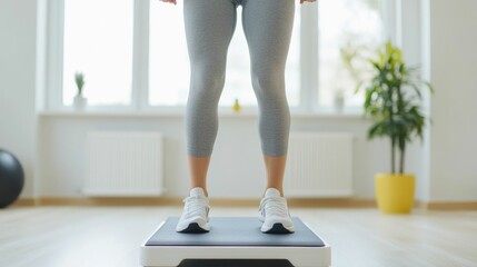 Woman using a step platform for an energetic cardio workout in her upbeat and motivating home environment  Focused on fitness coordination and an active lifestyle