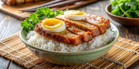 Silhouette image of fried pork on rice with soy sauce and boiled egg