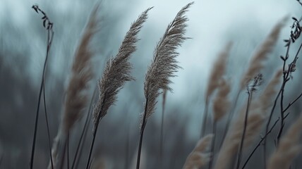 Brown dry ears of grass, reed over blurred grey sky, dark tree branches. Moody autumn, winter landscape. Closeup of fading wild plants. Seed stalks. Defocused background. Seasonal nature concept. 