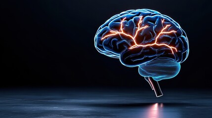 A glowing brain with vibrant, illuminated pathways, symbolizing intelligence, creativity, and neural connections in a dark backdrop.