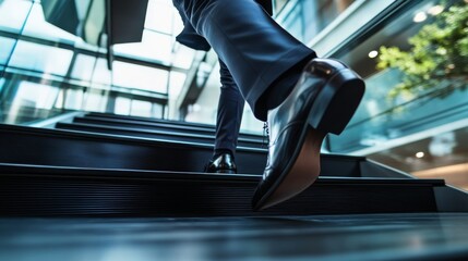 Fototapeta premium A young businessman hurriedly ascends a set of office stairs, showcasing determination and focus in a contemporary work environment during the day
