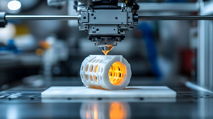 A 3D printer creating a detailed object with a glowing interior.