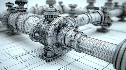 A 3D wireframe model of industrial pipes and valves, illustrating engineering design.
