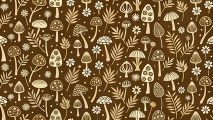 Silhouette mushroom and flower mod seamless pattern on brown background