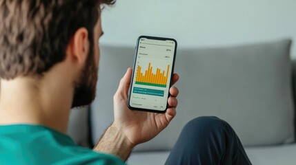Man analyzing his health and fitness data on a modern vibrant digital interface of a health tracking app  Monitoring personal statistics and lifestyle data for wellness and self improvement