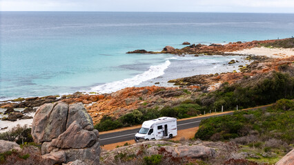 Aerial photo of Campervan parked on the side of scenic road winding around Dunsborough in Southern Western Australia