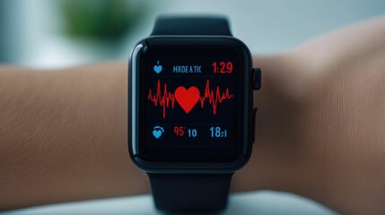 Minimalist Close up View of a Wearable Fitness Tracker Device Displaying Real Time Heart Rate and Step Count Metrics on a Digital Display