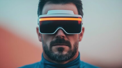 Fit man wearing advanced augmented reality glasses while jogging in natural urban environment