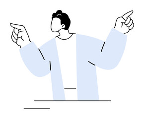 A person, depicted without facial features, wearing a light blue jacket gestures with both hands, pointing upwards. The illustration is simple and minimalistic with black, white, and light blue colors
