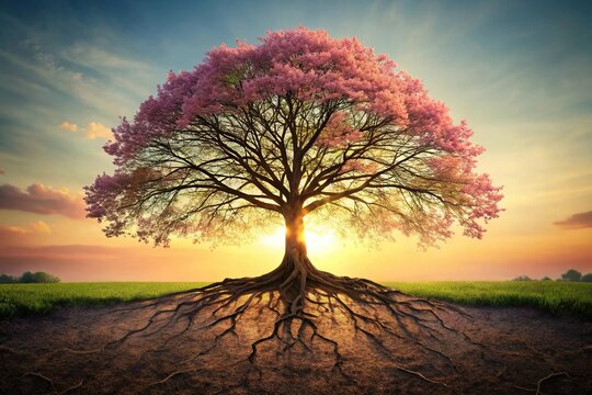 Silhouette of a tree with deep roots and blooming branches