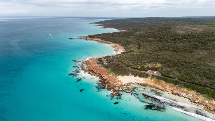 Aerial photo of Campervan parked on the side of scenic road winding around Dunsborough in Southern Western Australia