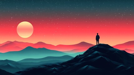 Fototapeta premium Silhouette of a Person Standing on a Mountaintop Under a Starry Sky