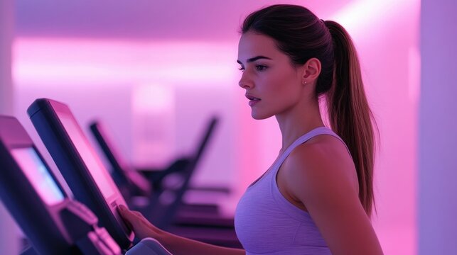 Woman using a smart treadmill with a connected fitness app on her mobile device adjusting the speed incline and other settings digitally for a personalized and data driven workout experience - Powered by Adobe
