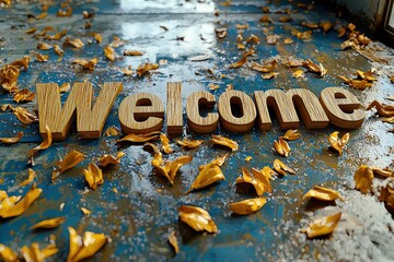 Golden 'Welcome' sign surrounded by fallen autumn leaves on wet pavement