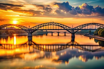 Naklejka premium Silhouette of bridges crossing river at sunset in Europe