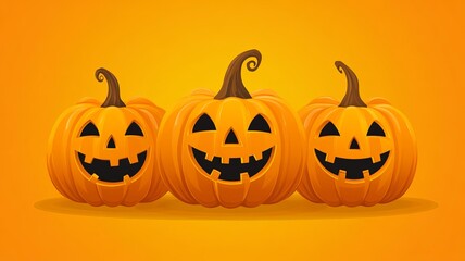 Happy Halloween banner. Pumpkins isolated. Main symbol of Happy Halloween holiday. Orange pumpkins with scary smile Halloween. Horizontal holiday poster, header for website. Vector illustration 