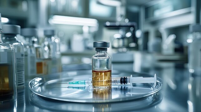13. A detailed image of a hormone replacement therapy vial and syringe placed on a sterile tray, symbolizing medical care and hormone regulation. The background includes softly blurred medical