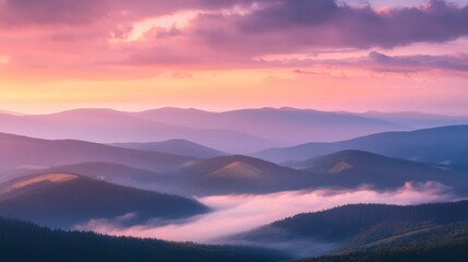 Fototapeta premium Mountain range with mist and colorful sunset, serene landscape concept