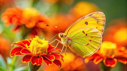 Fototapeta premium Silhouette of Clouded Yellow Butterfly Colias Croceus on Marigold Flower