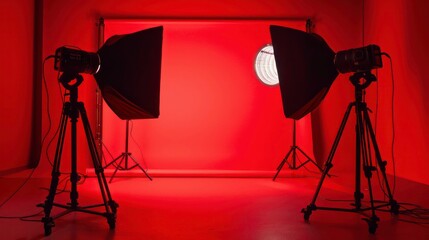 Two professional studio lights with softboxes set up in front of a red backdrop.